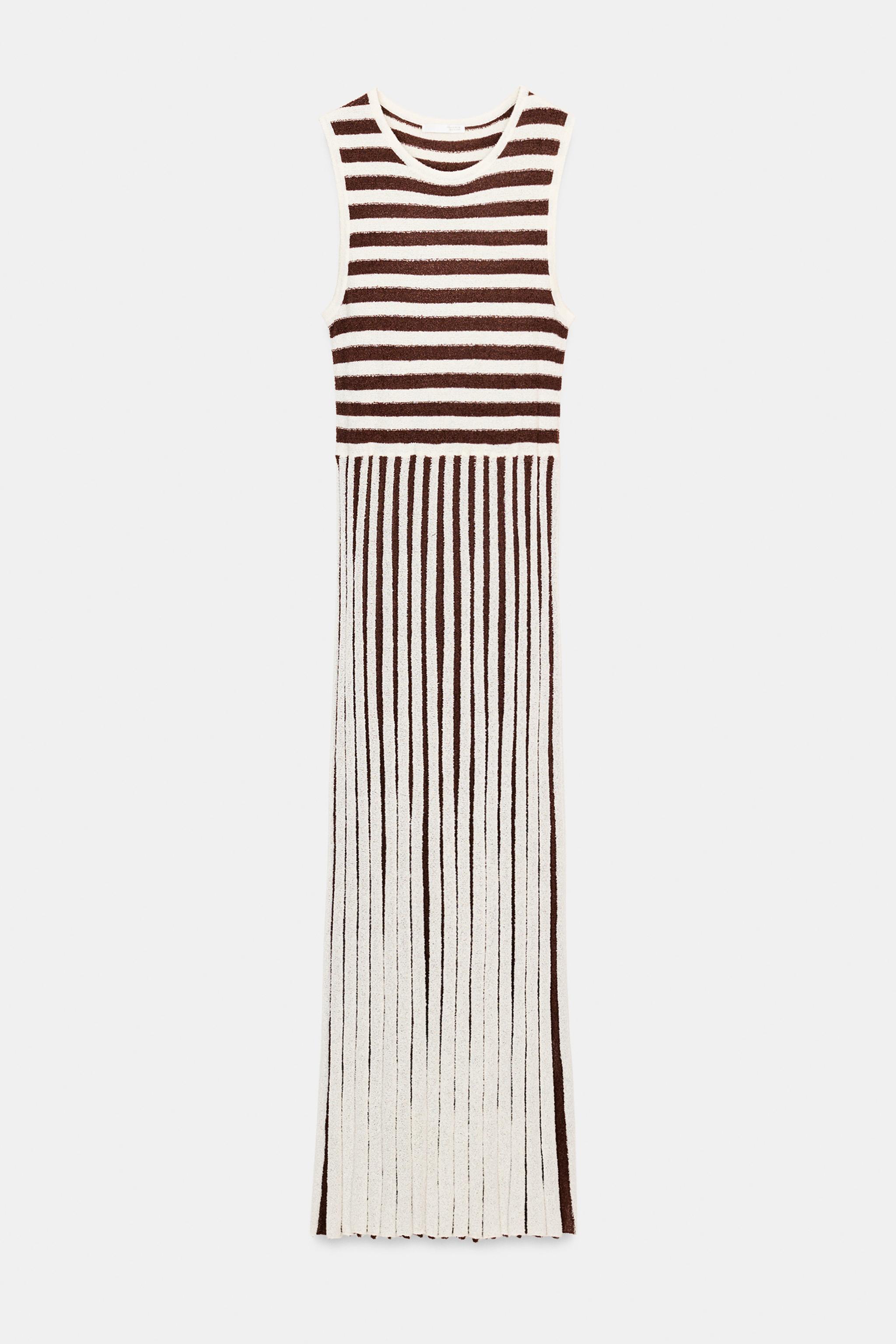 LONG TEXTURED PLEATED STRIPED DRESS